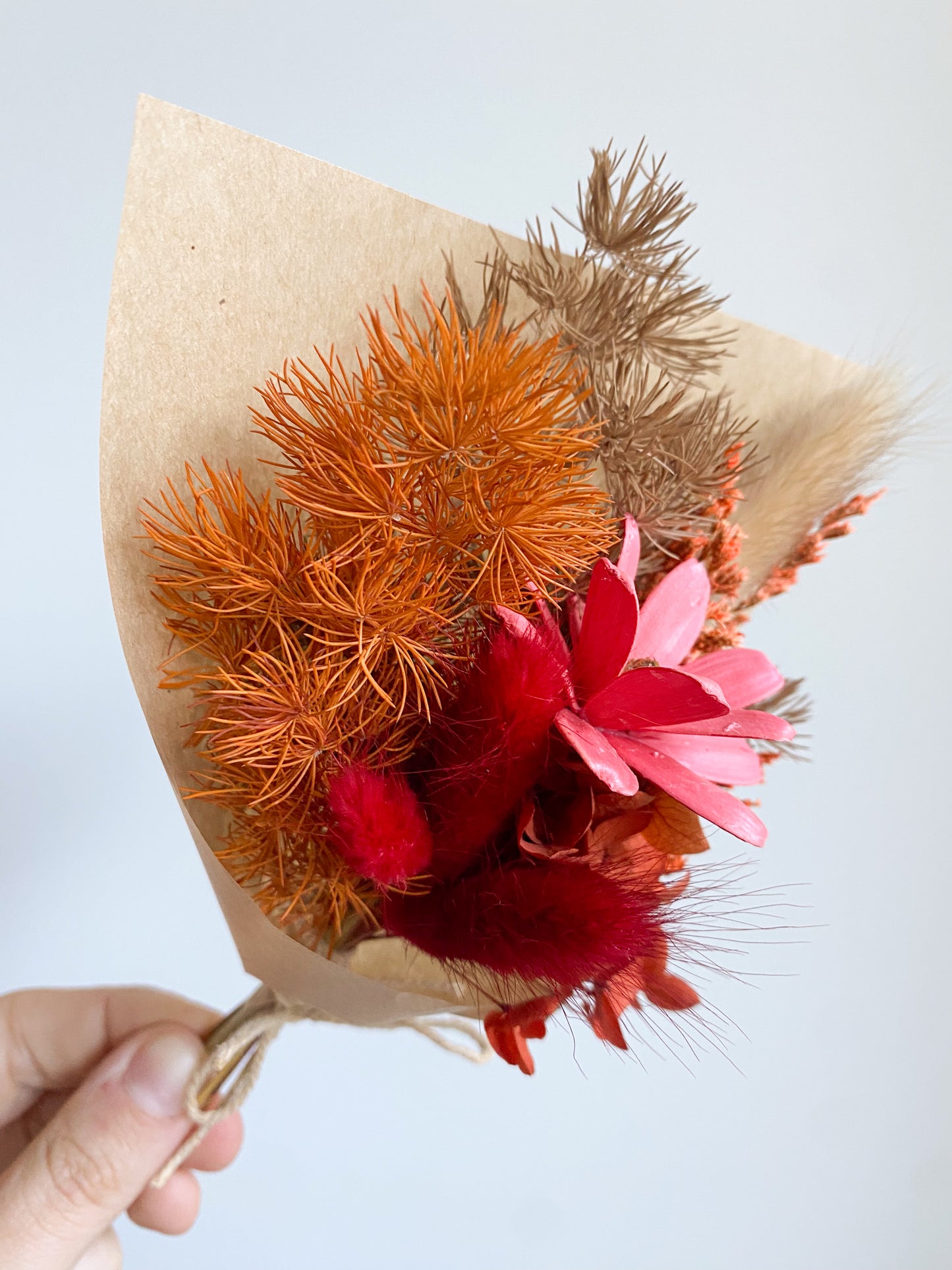 Dried mini posy - red/pink
